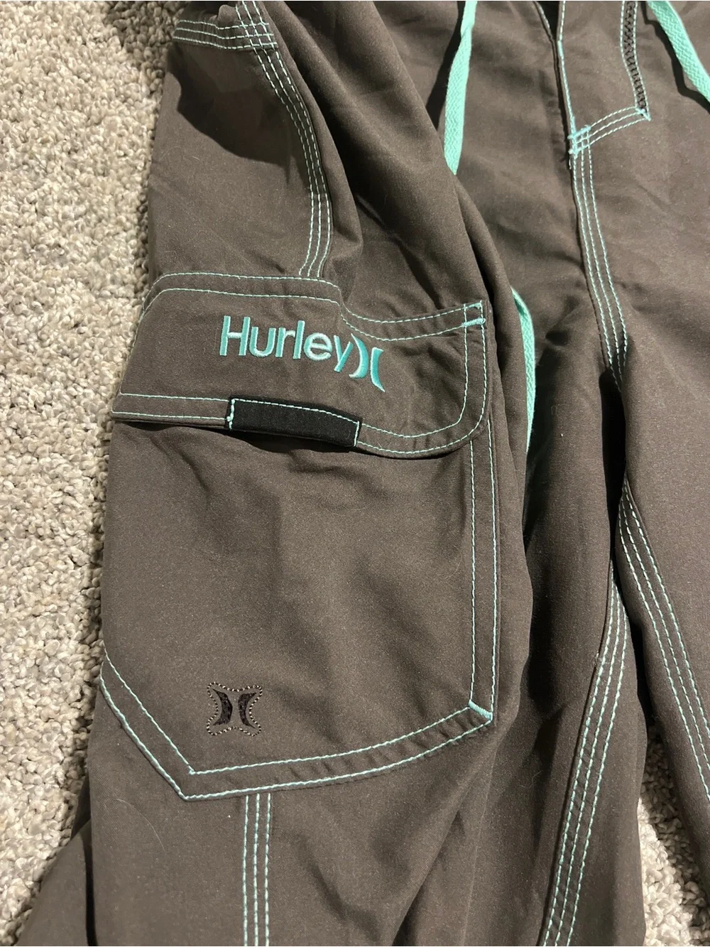 Hurley Men’s Charcoal Board Shorts with Teal Drawcords
